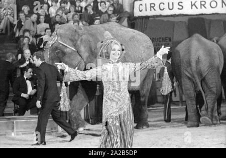 Un programma di un circo è stato tenuto annualmente da celebrità di fronte a un pubblico per lo show televisivo 'Die Goldene Zehn' al Circus Krone di Monaco di Baviera. Foto di una donna in costume durante la sua performance di circo, probabilmente attrice Liselotte Pulver. Foto Stock