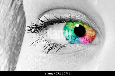 Vista macro di un giovane womenwith cmyk occhio colorato in close-up Foto Stock