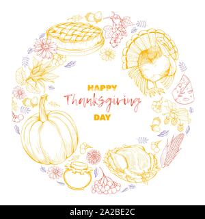 Per la festa del Ringraziamento cartolina vettore modello. Disegnata a mano festa d autunno simboli nella cornice rotonda con caratteri isolati su sfondo bianco. Zucca, Turchia, torta, verdure vintage incisioni Illustrazione Vettoriale