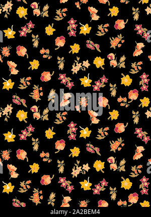Seamless floraled pattern con il colore giallo su sfondo nero per i tessili o tessuto stampe.. Foto Stock