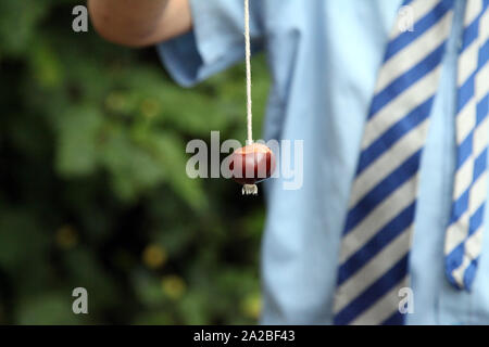 Scolaro primario in uniforme scolastica giocando una partita di conkers, tenendo un conker su una stringa closeup, esterno in autunno Foto Stock