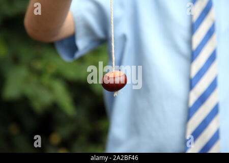 Scolaro primario in uniforme scolastica giocando una partita di conkers, tenendo un conker su una stringa closeup, esterno in autunno Foto Stock