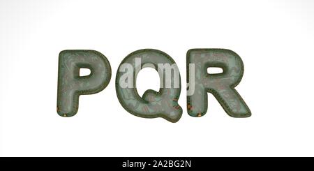 3D font dal green hi-tech chip su uno sfondo bianco, tecnico font, le lettere in esso sono pqr. isolare Foto Stock