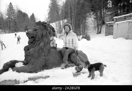 I partecipanti del cross-country concorrenza "Koenig-Ludwig-Lauf' dal Ettal a Oberammergau. Il percorso conduce anche - come mostrato qui - attraverso il parco di Linderhof Palace. In primo piano uno spettatore si siede su uno dei leoni di stagno. Foto Stock