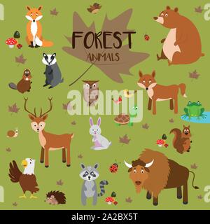 Set di vettore gli animali del bosco. Appartamento stile carattere. Illustrazione Vettoriale. Illustrazione Vettoriale