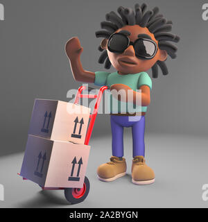 Cartoon uomo nero con dreadlocks erogazione di scatole su un carro a mano, 3D render illustrazione Foto Stock