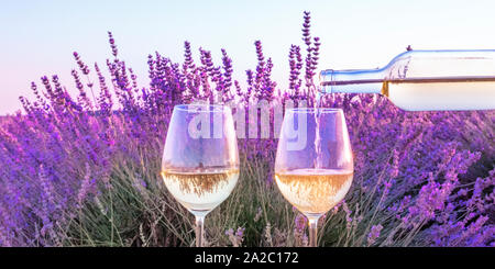 Vino di lavanda panorama. Vino bianco versata da una bottiglia in bicchieri contro un campo di lavanda sfondo Foto Stock