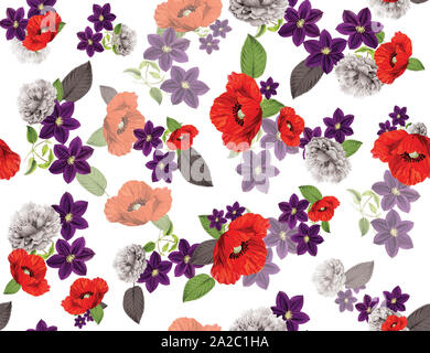 Seamless fiori colorati per i tessili; stile retrò composizioni floreali, in stile vintage con sfondo bianco. Foto Stock