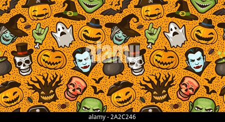 Halloween party colorato sfondo senza cuciture. Illustrazione vettoriale cartoon Illustrazione Vettoriale
