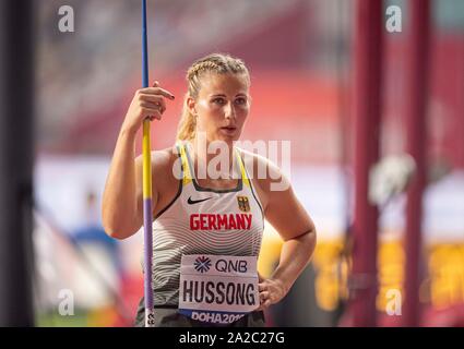 Doha, Katar. 01 ott 2019. Christin Hussong (Germania/4° posto) finale donne giavellotto, su 01.10.2019 mondiali di atletica 2019 a Doha/Qatar, dal 27.09. - 10.10.2019. | Utilizzo di credito in tutto il mondo: dpa/Alamy Live News Foto Stock