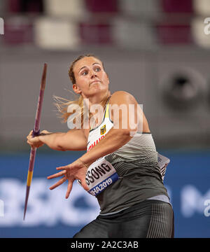 Christin Hussong (Germania / 4° posto) l'azione. Finale donne giavellotto, su 01.10.2019 mondiali di atletica 2019 a Doha / Qatar, dal 27.09. - 10.10.2019. | Utilizzo di tutto il mondo Foto Stock