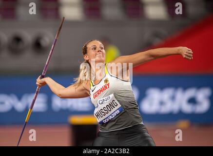 Christin Hussong (Germania / 4° posto) l'azione. Finale donne giavellotto, su 01.10.2019 mondiali di atletica 2019 a Doha / Qatar, dal 27.09. - 10.10.2019. | Utilizzo di tutto il mondo Foto Stock