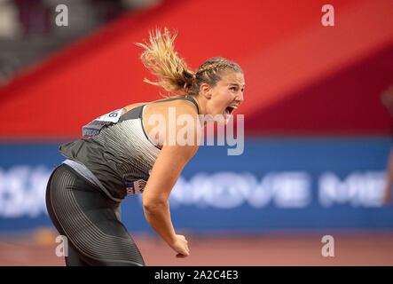 Doha, Katar. 01 ott 2019. Christin Hussong (Germania/4° posto) l'azione. Finale donne giavellotto, su 01.10.2019 mondiali di atletica 2019 a Doha/Qatar, dal 27.09. - 10.10.2019. | Utilizzo di credito in tutto il mondo: dpa/Alamy Live News Foto Stock