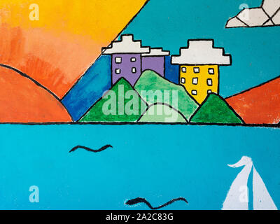 Pittura murale dettaglio in un bus shelter in Bermuda Foto Stock