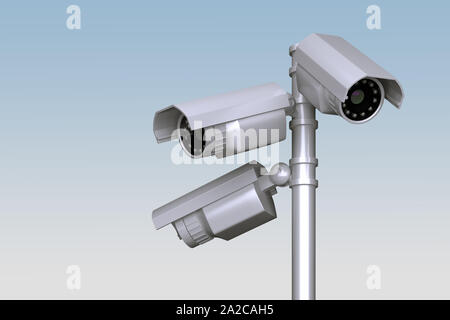 Gruppo di esterno video delle telecamere sul palo. Il rendering 3D Foto Stock