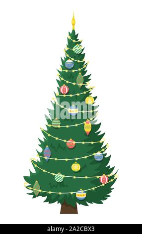Tall bellissimo albero di Natale con una ghirlanda e albero di Natale giocattoli. Piatto di Natale illustrazione vettoriale. Illustrazione Vettoriale