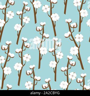 Modello senza cuciture con rami di cotone. Delicato con motivi floreali blu sullo sfondo del vettore. Illustrazione Vettoriale