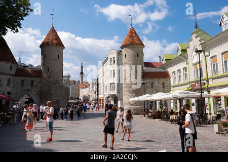 I turisti che visitano Viru Gate e Viru Street, municipio torre in background, Tallinn, Harju County, Estonia Foto Stock