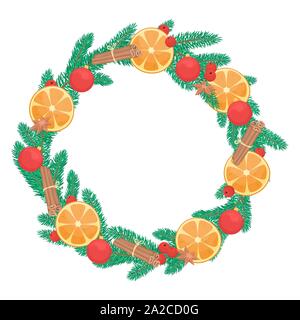 Ghirlanda di Natale di rami di abete decorato con secchi Arance, bastoncini di cannella e cardamomo. Illustrazione Vettoriale