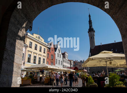 Guardando attraverso arco verso il mercato dell'artigianato sulla piazza del Municipio nella città vecchia di Tallinn, Estonia Foto Stock