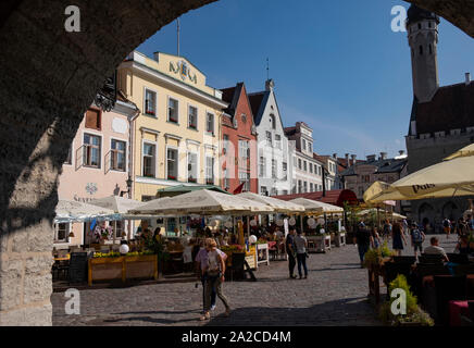 Guardando attraverso arco verso il mercato dell'artigianato sulla piazza del Municipio nella città vecchia di Tallinn, Estonia Foto Stock