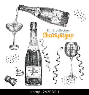 Impostare la modalità manuale bozzetto bottiglia e bicchieri di champagne, Vintage Design bar, ristorante, cafe menu su sfondo bianco. Il vettore grafico arte Creative Illustrazione Vettoriale