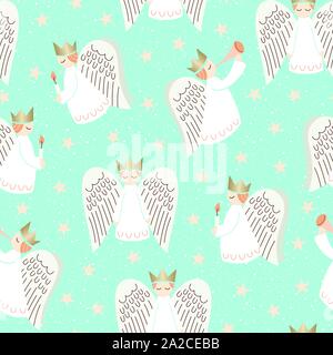 Whimsical di vacanze di Natale in stile scandinavo angeli, i fiocchi di neve e stelle su Aqua vettore di fondo Seamless Pattern. Il minimo Nordic festosa Avvento Illustrazione Vettoriale