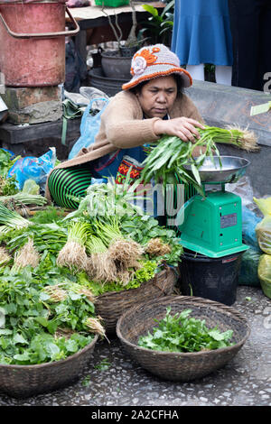 Mercato Mattutino di bancarelle con prodotti freschi, Luang Prabang, Luang Prabang provincia nord del Laos Il Laos, sud-est asiatico Foto Stock