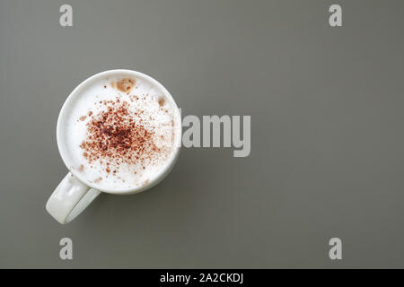 Cappuccino vista dall'alto. Tazza di caffè con schiuma di latte e cannella sorge su una tabella di colore grigio. Close-up con foto copia in bianco area spazio per il testo a destra Foto Stock