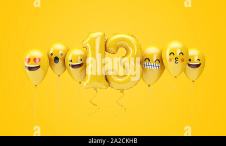 Numero 13 giallo compleanno facce emoji palloncini. 3D Render Foto Stock