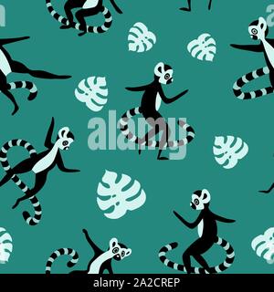 Modello senza soluzione di continuità con i lemuri nero e foglie di monstera su sfondo verde. Illustrazione Vettoriale. Illustrazione Vettoriale