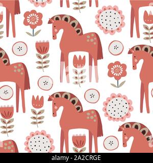 Natale Scandinavian seamless pattern con rosso cavalli ornamentali, mele e fiori. Nordic, svedese design invernale per i tessili, dono carta di avvolgimento Illustrazione Vettoriale