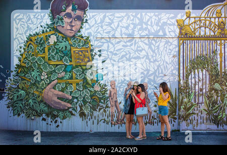 Wynwood Walls, Wynwood, Miami. Spazio dato sopra all'arte della parete di stile graffiti Foto Stock