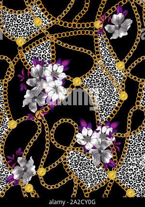Catene di Seamless pattern con fiori e nero a pelle di leopardo, patch per la stampa, il tessuto, il design tessile su sfondo nero. Foto Stock
