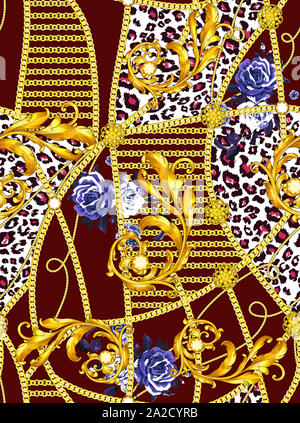 Alla moda modello senza cuciture con catene d'oro, Leopard e barocca, patch per stampare, tessuto, il design tessile su sfondo scuro. Foto Stock