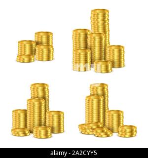 Le monete d'oro di pile, oro moneta contante vettore pila realistiche in 3D Illustrazione Vettoriale