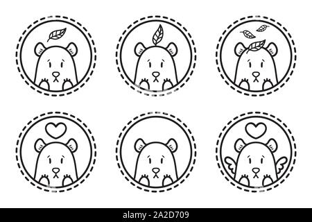 Orso con il logo a foglia di set di illustrazione. Orso con cuore. Orso con cuore e le ali. Il logo di contorno impostato. Set di recano emblemi, icone, etichette. Illustrazione Vettoriale