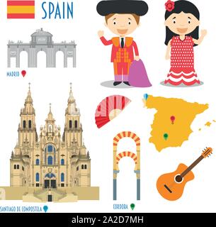 Spagna Flat Icon Set viaggi e turismo concept. Illustrazione Vettoriale Illustrazione Vettoriale