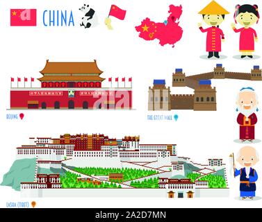 Cina Flat Icon Set viaggi e turismo concept. Illustrazione Vettoriale Illustrazione Vettoriale