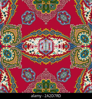 Mandala Seamless tile pattern. Vintage elemento decorativo con il mandala. Disegnata a mano design su sfondo rosso. L'Islam, Turco, Arabo, indiano, ottomani Foto Stock