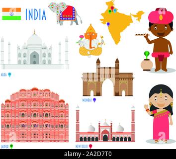 India Flat Icon Set viaggi e turismo concept. Illustrazione Vettoriale Illustrazione Vettoriale