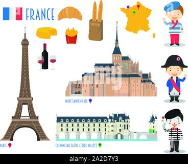 Francia appartamento Icon Set viaggi e turismo concept. Illustrazione Vettoriale Illustrazione Vettoriale