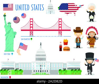 Stati Uniti d'America Flat Icon Set viaggi e turismo concept. Illustrazione Vettoriale Illustrazione Vettoriale