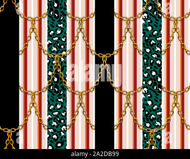 Seamless decorativo catene lucido nero con sfondo a strisce colorate e a pelle di leopardo. Progettato per tessuto tessile stampe. Foto Stock