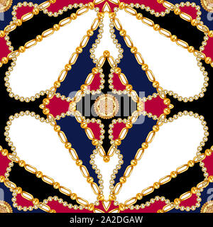 Seamless catene d'oro, stripe diamante e diagonal square , confine sciarpa stampa pattern. Catene d'oro pattern con nero, rosso, blu scuro e bianco b Foto Stock