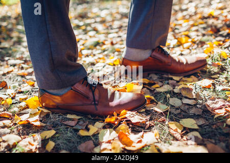 Imprenditore indossando scarpe in autunno park. In pelle marrone calzature classiche. Foto Stock