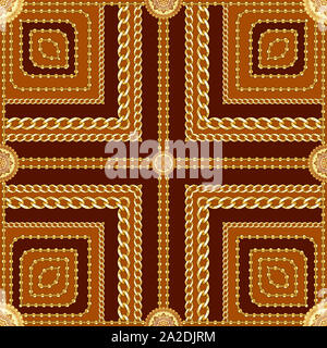 Moda gioielli di lusso sciarpa pattern con sfondo marrone. Golden catene al quadrato seamless pattern per la stampa tessile, sfondi, confezionamento, seta shaw Foto Stock