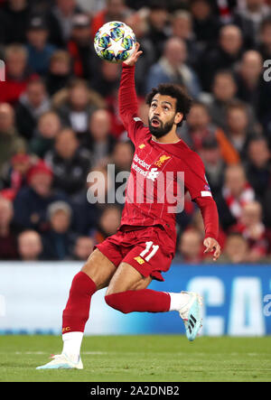 Liverpool è Mohamed Salah durante la UEFA Champions League gruppo e corrispondono ad Anfield, Liverpool. Foto Stock