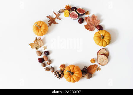 Autunno composizione floreale con zucche arancione. Corona di fiori secchi di acero, foglie di quercia, fiori, ghiande, fig e frutto di apple. Tavolo bianco sullo sfondo. Caduta, H Foto Stock