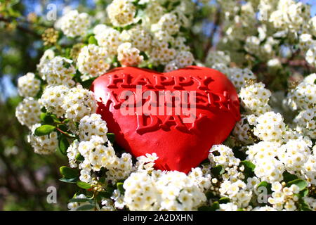 La foto mostra un cuore rosso con il testo felice giorno della madre nel snowberry bush. Foto Stock